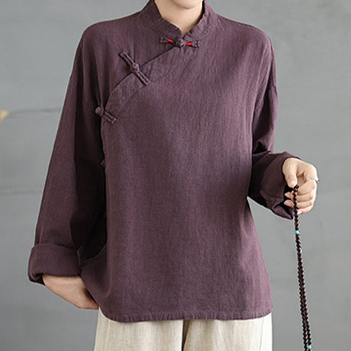 Camicia da donna a maniche lunghe con bottoni a rana e tinta unita Buddha Stones - image 13