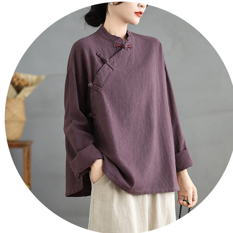 Camicia da donna a maniche lunghe con bottoni a rana e tinta unita Buddha Stones - image 17