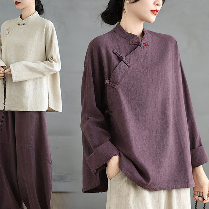 Camicia da donna a maniche lunghe con bottoni a rana e tinta unita Buddha Stones - image 19