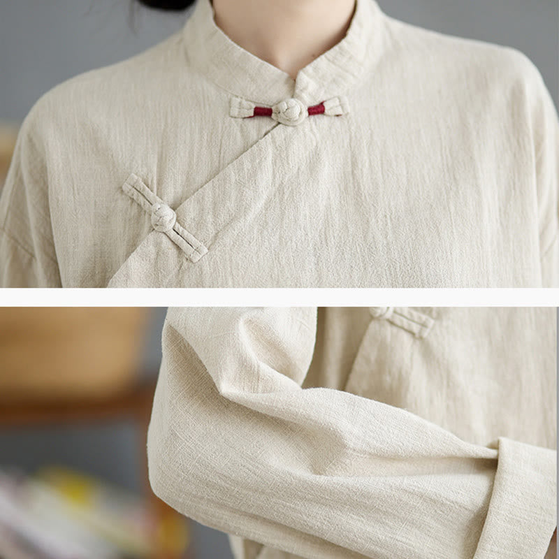 Camicia da donna a maniche lunghe con bottoni a rana e tinta unita Buddha Stones - image 9