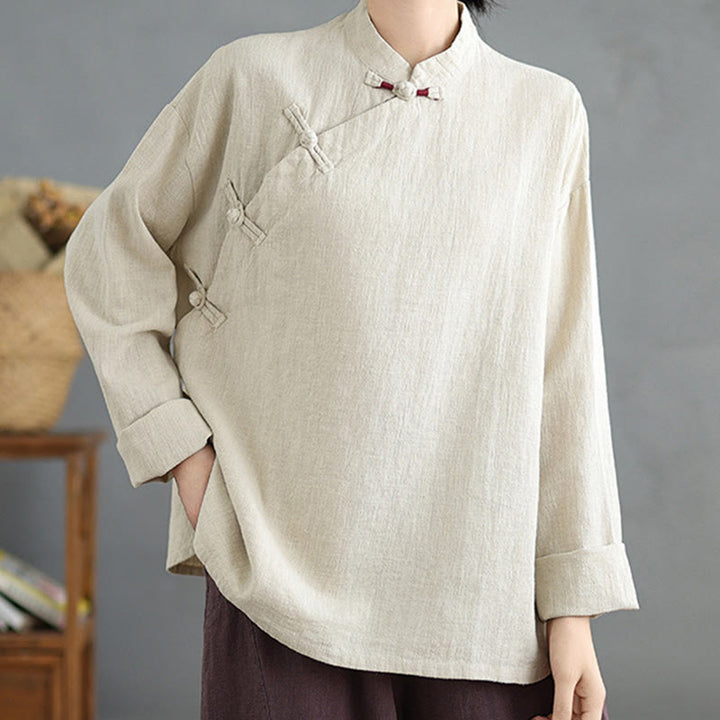 Camicia da donna a maniche lunghe con bottoni a rana e tinta unita Buddha Stones - image 2