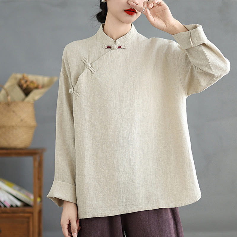 Camicia da donna a maniche lunghe con bottoni a rana e tinta unita Buddha Stones - image 1