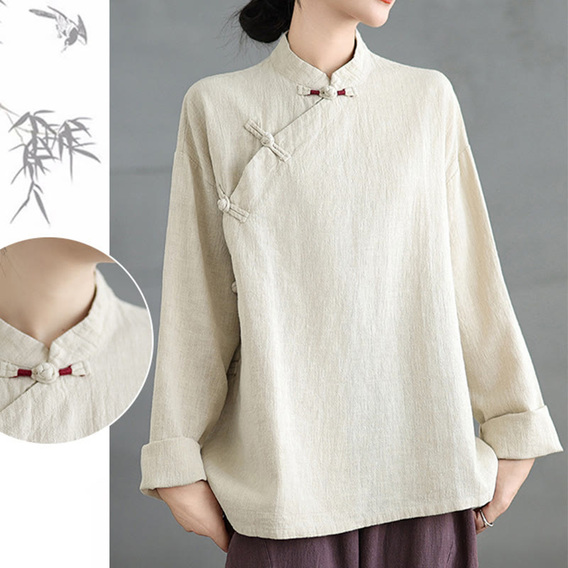 Camicia da donna a maniche lunghe con bottoni a rana e tinta unita Buddha Stones - image 18