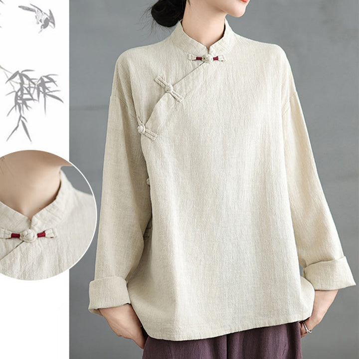 Camicia da donna a maniche lunghe con bottoni a rana e tinta unita Buddha Stones - image 18