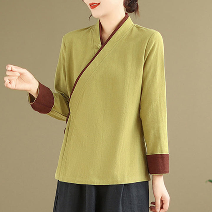 Camicia da donna con lacci a maniche lunghe in tinta unita con Buddha Stones, Hanfu - DarkKhaki - US8-10, UK/AU12-14, EU40-42 (2XL) - image 8