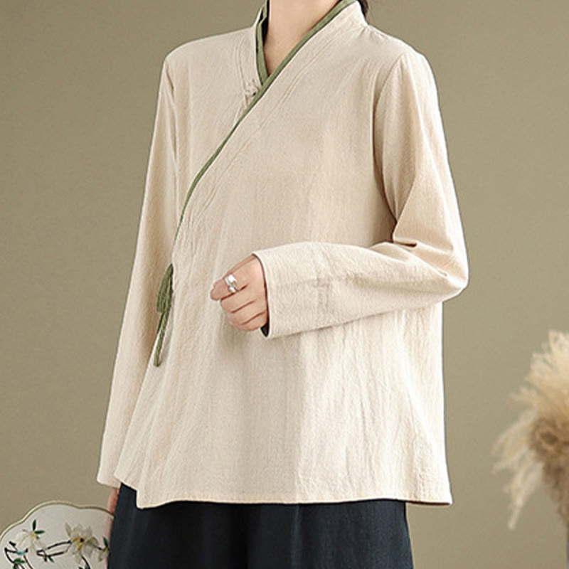 Camicia da donna con lacci a maniche lunghe in tinta unita con Buddha Stones, Hanfu - image 6