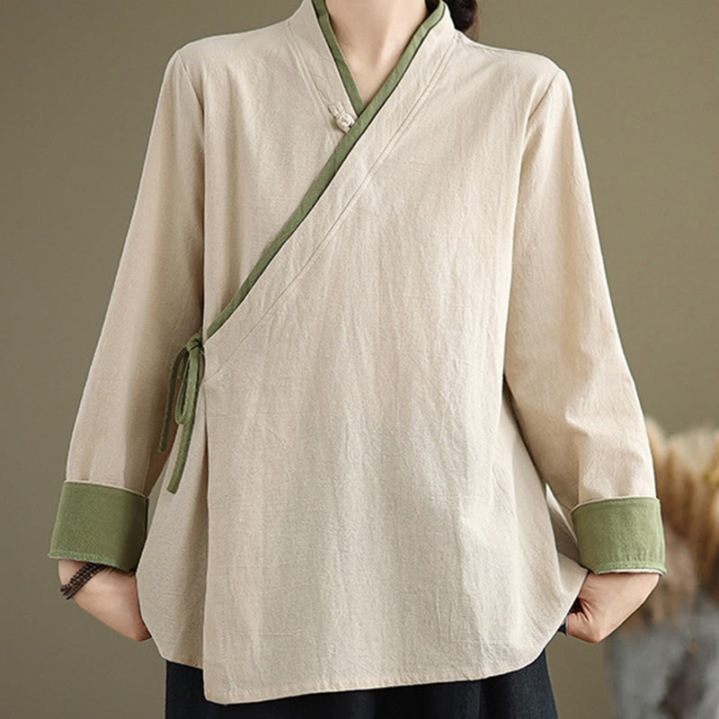 Camicia da donna con lacci a maniche lunghe in tinta unita con Buddha Stones, Hanfu - image 1