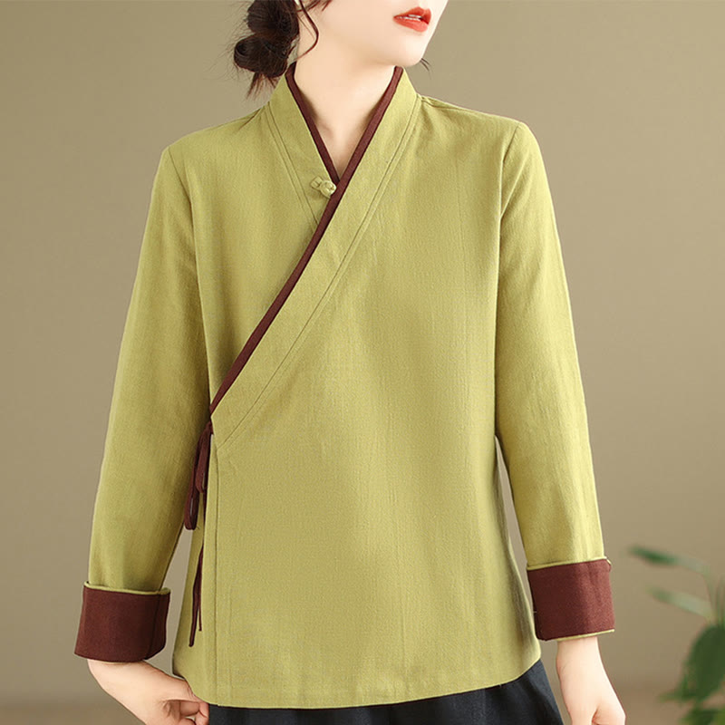Camicia da donna con lacci a maniche lunghe in tinta unita con Buddha Stones, Hanfu - image 9
