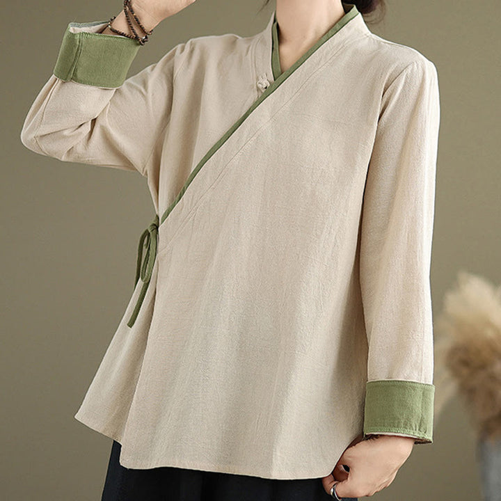 Camicia da donna con lacci a maniche lunghe in tinta unita con Buddha Stones, Hanfu - image 4