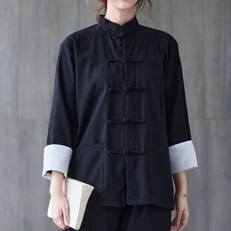 Buddha Stones Donna Camicia Manica Lunga con Bottoni a Rana Pantaloni Meditazione Cotone Lino Abbigliamento - Camicia nera - US8-10, UK/AU12-14, EU40-42 (2XL) - image 4