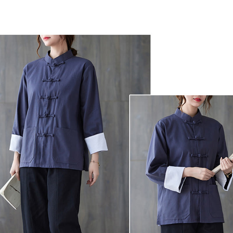 Buddha Stones Donna Camicia Manica Lunga con Bottoni a Rana Pantaloni Meditazione Cotone Lino Abbigliamento