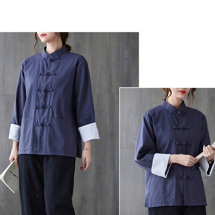 Buddha Stones Donna Camicia Manica Lunga con Bottoni a Rana Pantaloni Meditazione Cotone Lino Abbigliamento