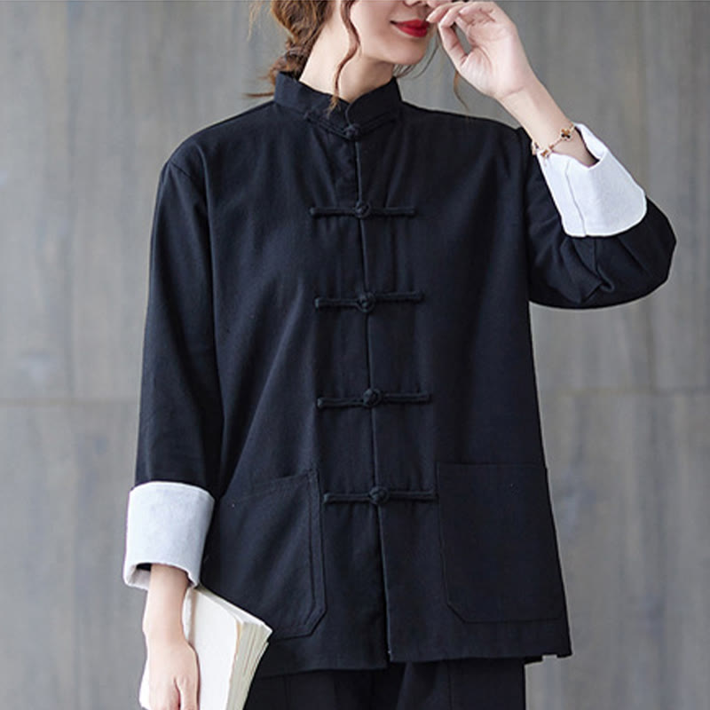 Buddha Stones Donna Camicia Manica Lunga con Bottoni a Rana Pantaloni Meditazione Cotone Lino Abbigliamento