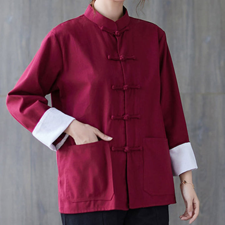 Buddha Stones Donna Camicia Manica Lunga con Bottoni a Rana Pantaloni Meditazione Cotone Lino Abbigliamento