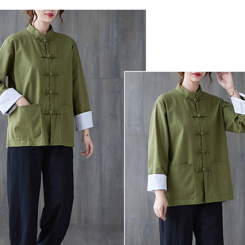 Buddha Stones Donna Camicia Manica Lunga con Bottoni a Rana Pantaloni Meditazione Cotone Lino Abbigliamento