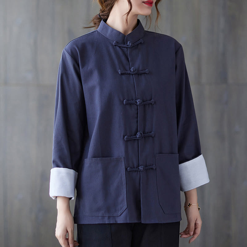 Buddha Stones Donna Camicia Manica Lunga con Bottoni a Rana Pantaloni Meditazione Cotone Lino Abbigliamento