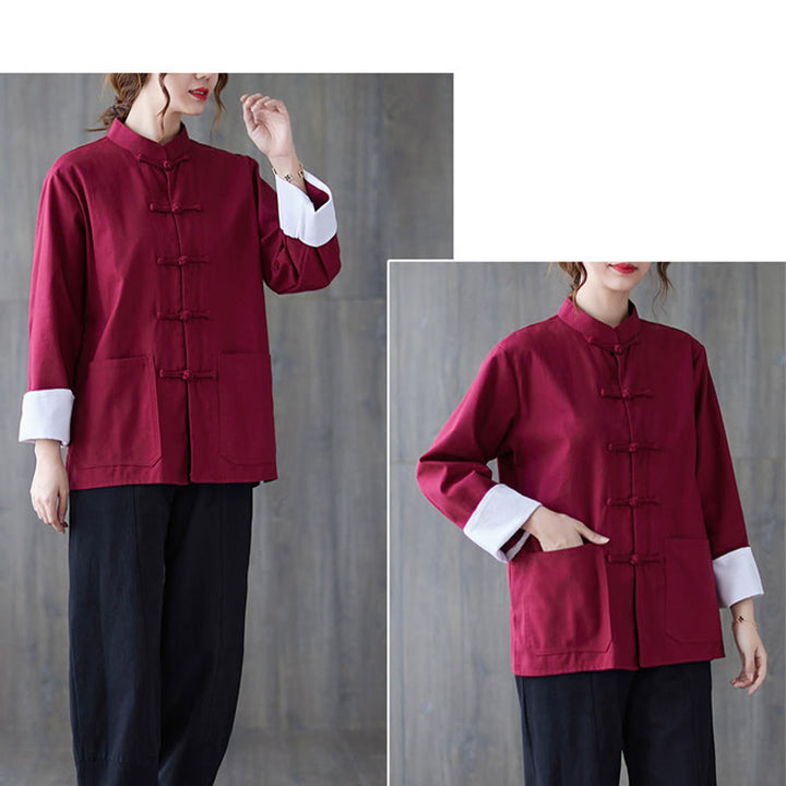 Buddha Stones Donna Camicia Manica Lunga con Bottoni a Rana Pantaloni Meditazione Cotone Lino Abbigliamento