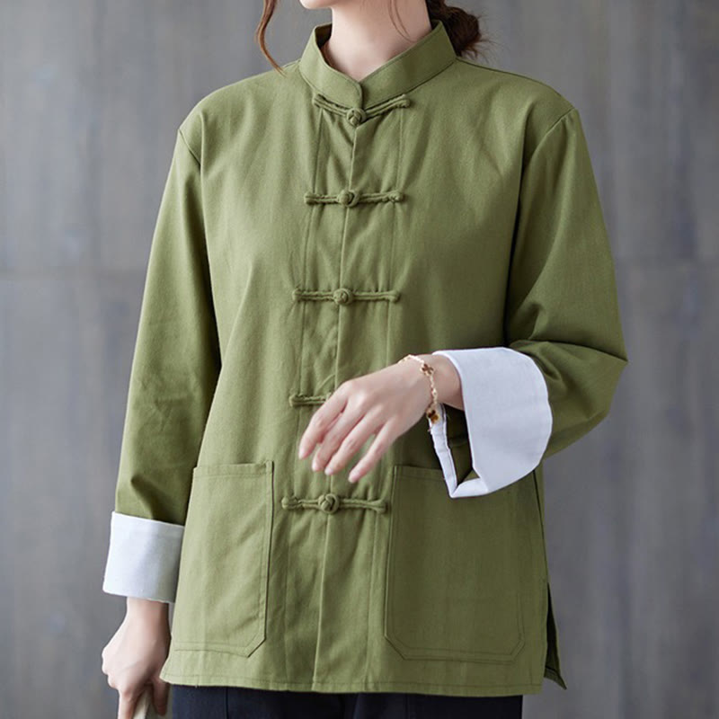 Buddha Stones Donna Camicia Manica Lunga con Bottoni a Rana Pantaloni Meditazione Cotone Lino Abbigliamento