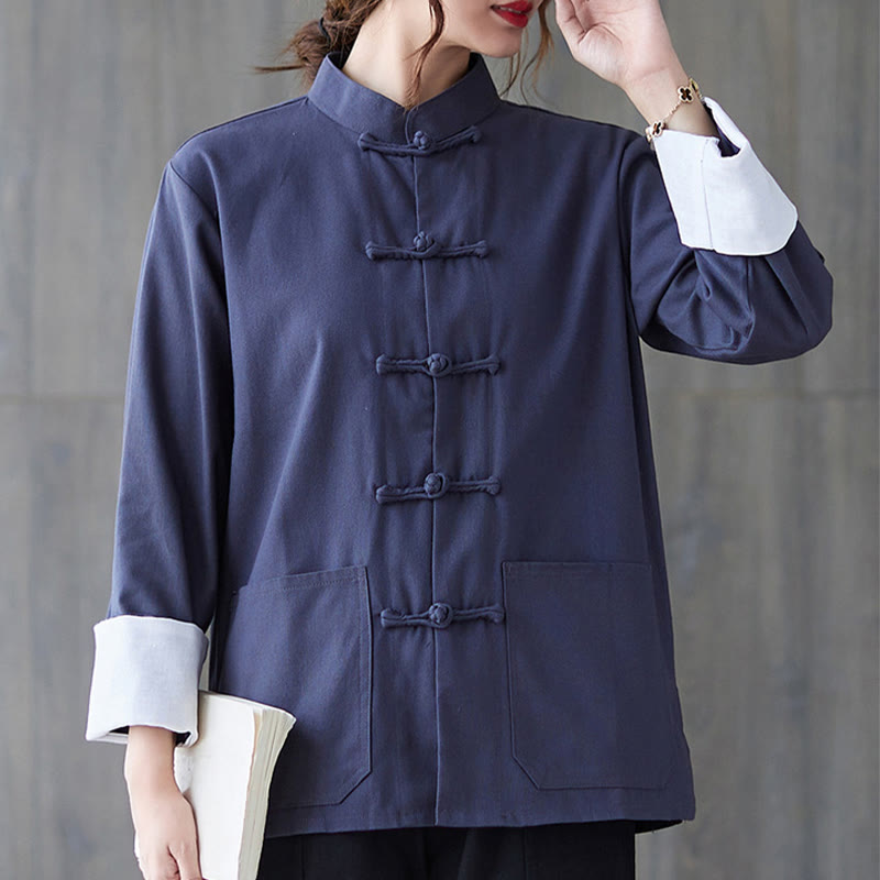 Buddha Stones Donna Camicia Manica Lunga con Bottoni a Rana Pantaloni Meditazione Cotone Lino Abbigliamento