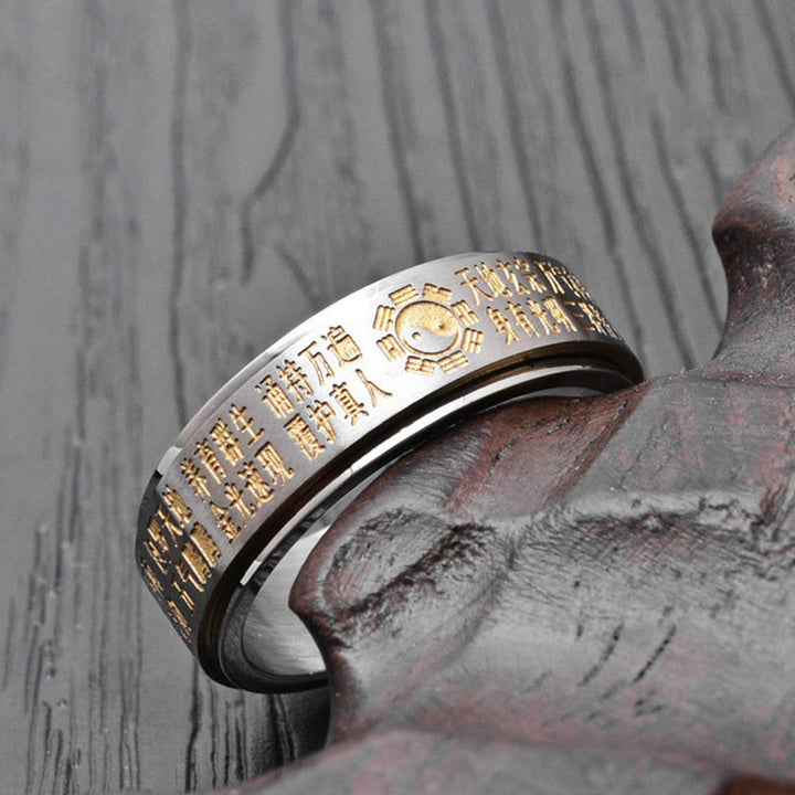 Buddha Stones Bagua Yin Yang caratteri cinesi anello girevole in acciaio al titanio