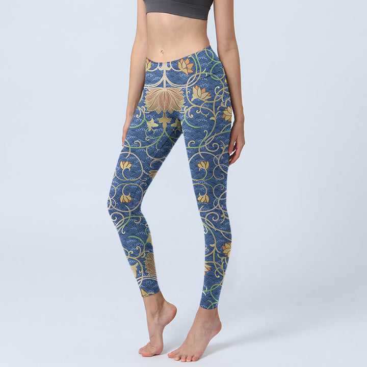 Leggings da palestra con stampa di fiori di loto Buddha Stones, pantaloni da yoga da donna - SteelBlue - US18, UK/AU22, EU50 (4XL) - image 1