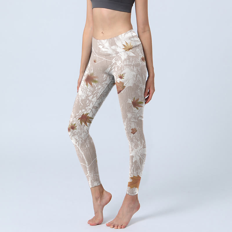 Leggings da palestra con stampa Buddha Stones, foglie d'acero e rami, pantaloni da yoga da donna - Grano - US18, UK/AU22, EU50 (4XL) - image 1