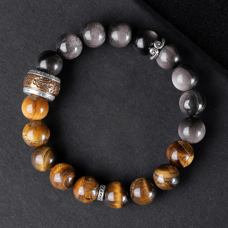 Buddha Stones Argento Naturale Lucentezza Ossidiana Occhio di Tigre Sei Vere Parole 'om Mani Padme Hum' Braccialetto della Forza
