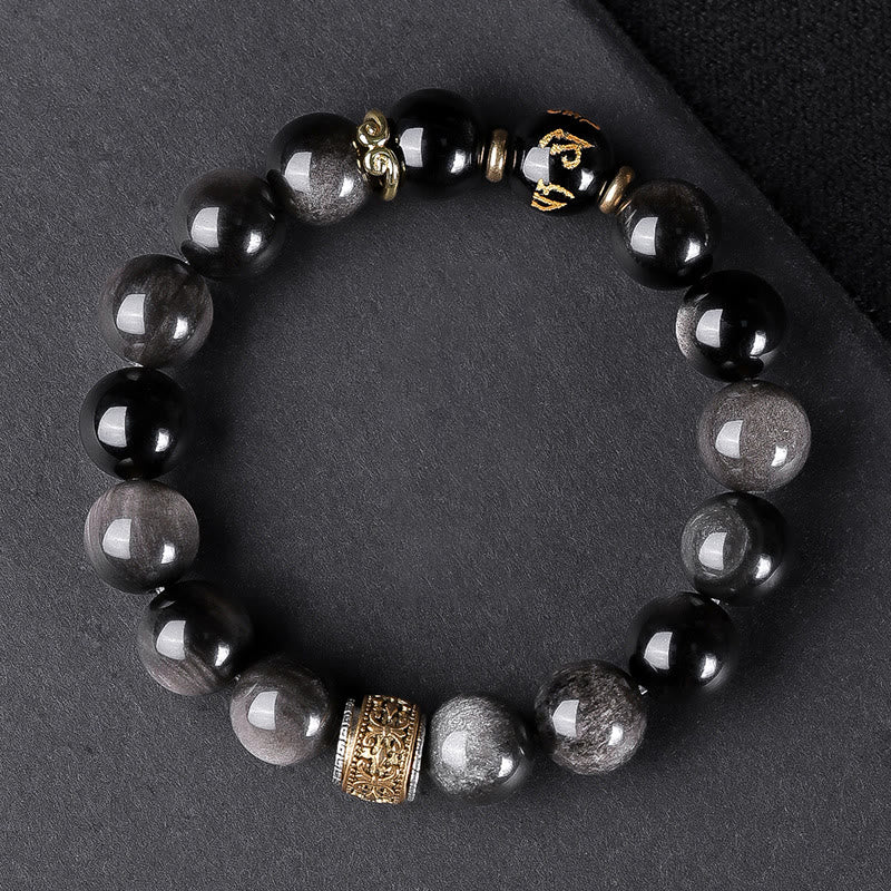 Buddha Stones Argento Naturale Lucentezza Ossidiana Occhio di Tigre Sei Vere Parole 'om Mani Padme Hum' Braccialetto della Forza
