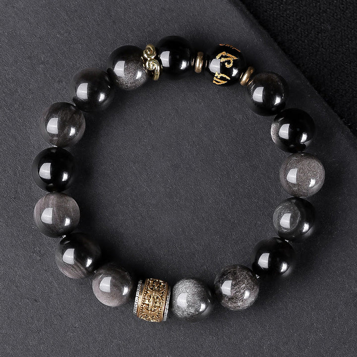 Buddha Stones Argento Naturale Lucentezza Ossidiana Occhio di Tigre Sei Vere Parole 'om Mani Padme Hum' Braccialetto della Forza