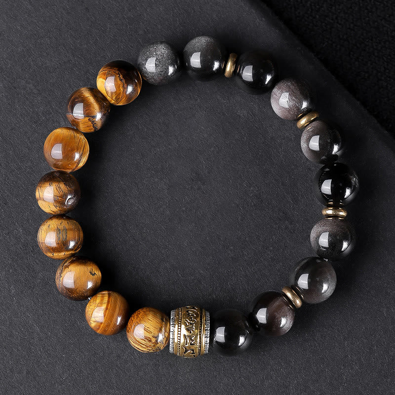Buddha Stones Argento Naturale Lucentezza Ossidiana Occhio di Tigre Sei Vere Parole 'om Mani Padme Hum' Braccialetto della Forza