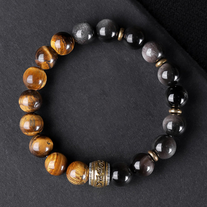 Buddha Stones Argento Naturale Lucentezza Ossidiana Occhio di Tigre Sei Vere Parole 'om Mani Padme Hum' Braccialetto della Forza
