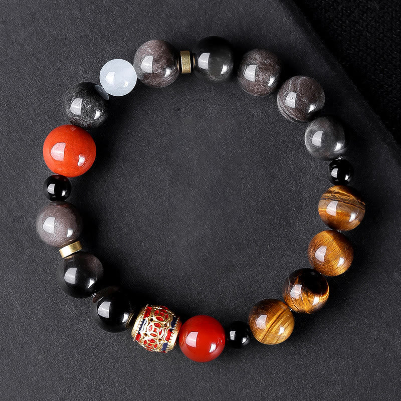 Buddha Stones Argento Naturale Lucentezza Ossidiana Occhio di Tigre Sei Vere Parole 'om Mani Padme Hum' Braccialetto della Forza