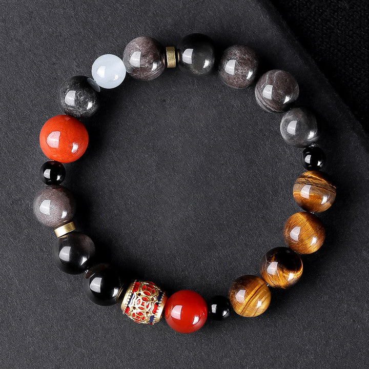 Buddha Stones Argento Naturale Lucentezza Ossidiana Occhio di Tigre Sei Vere Parole 'om Mani Padme Hum' Braccialetto della Forza