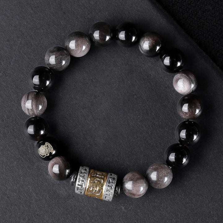 Buddha Stones Argento Naturale Lucentezza Ossidiana Occhio di Tigre Sei Vere Parole 'om Mani Padme Hum' Braccialetto della Forza
