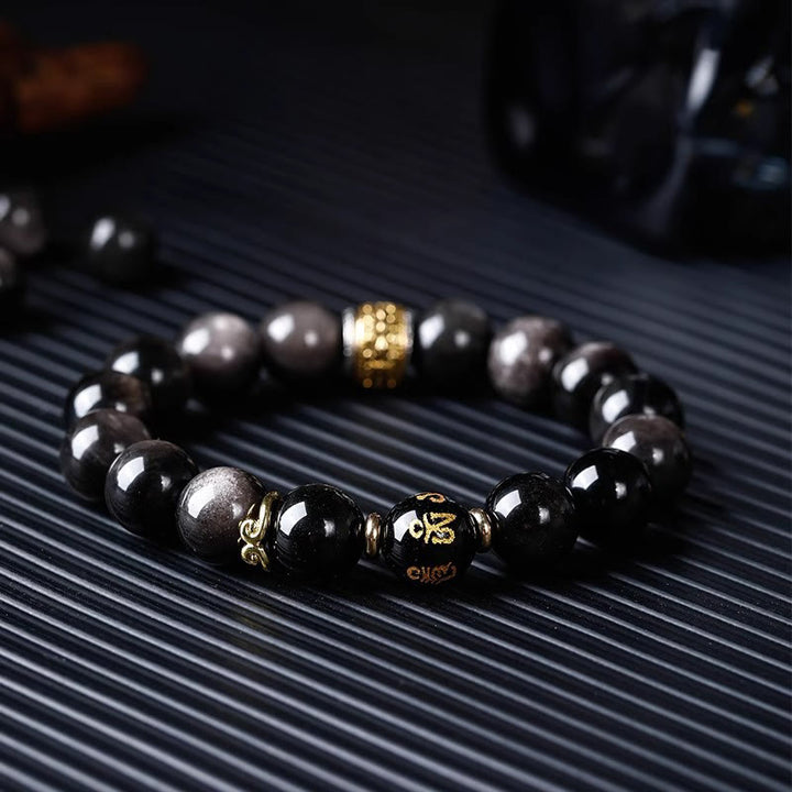 Buddha Stones Argento Naturale Lucentezza Ossidiana Occhio di Tigre Sei Vere Parole 'om Mani Padme Hum' Braccialetto della Forza