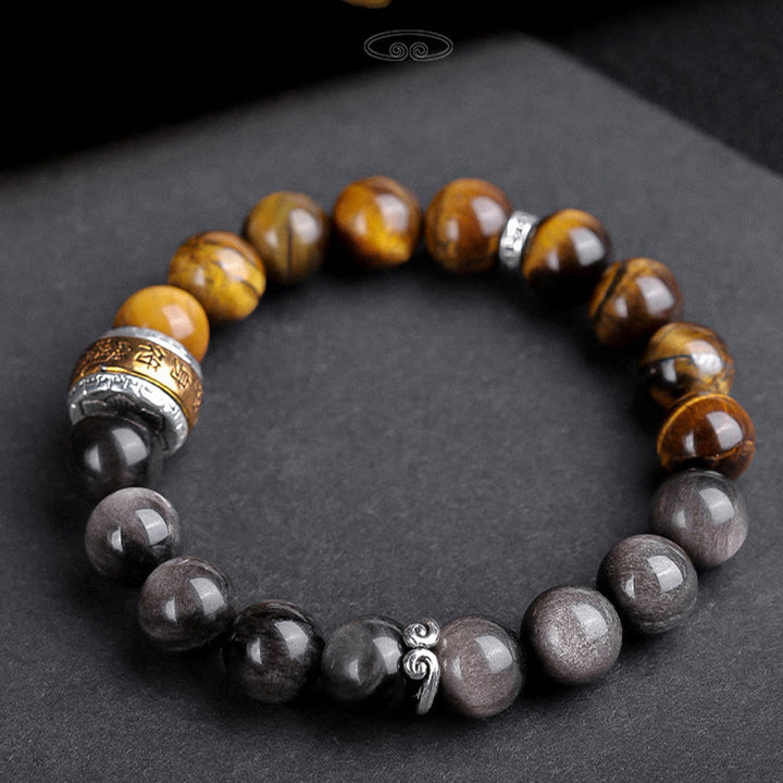 Buddha Stones Argento Naturale Lucentezza Ossidiana Occhio di Tigre Sei Vere Parole 'om Mani Padme Hum' Braccialetto della Forza