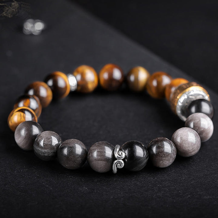 Buddha Stones Argento Naturale Lucentezza Ossidiana Occhio di Tigre Sei Vere Parole 'om Mani Padme Hum' Braccialetto della Forza