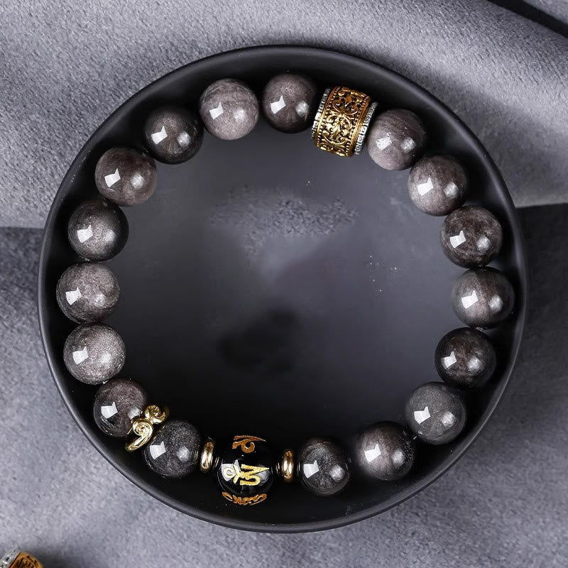 Buddha Stones Argento Naturale Lucentezza Ossidiana Occhio di Tigre Sei Vere Parole 'om Mani Padme Hum' Braccialetto della Forza