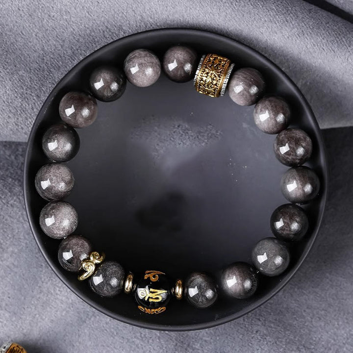 Buddha Stones Argento Naturale Lucentezza Ossidiana Occhio di Tigre Sei Vere Parole 'om Mani Padme Hum' Braccialetto della Forza