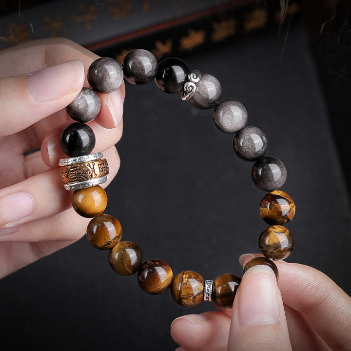 Buddha Stones Argento Naturale Lucentezza Ossidiana Occhio di Tigre Sei Vere Parole 'om Mani Padme Hum' Braccialetto della Forza