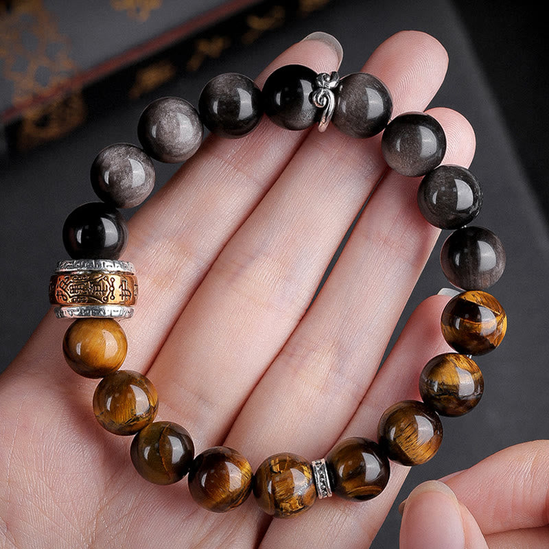 Buddha Stones Argento Naturale Lucentezza Ossidiana Occhio di Tigre Sei Vere Parole 'om Mani Padme Hum' Braccialetto della Forza