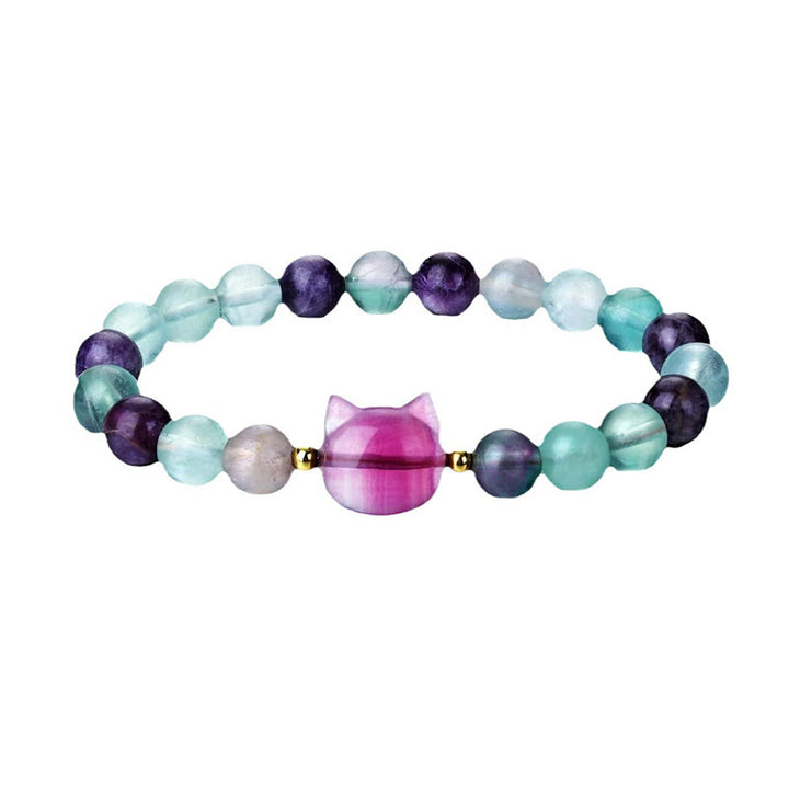 Braccialetto portafortuna con testa di gatto, ametista, avventurina verde, quarzo rosa, fluorite e Buddha Stones
