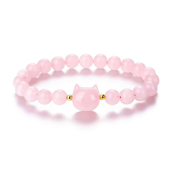 Braccialetto portafortuna con testa di gatto, ametista, avventurina verde, quarzo rosa, fluorite e Buddha Stones