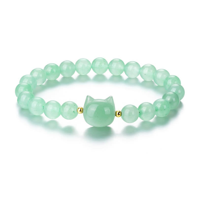 Braccialetto portafortuna con testa di gatto, ametista, avventurina verde, quarzo rosa, fluorite e Buddha Stones