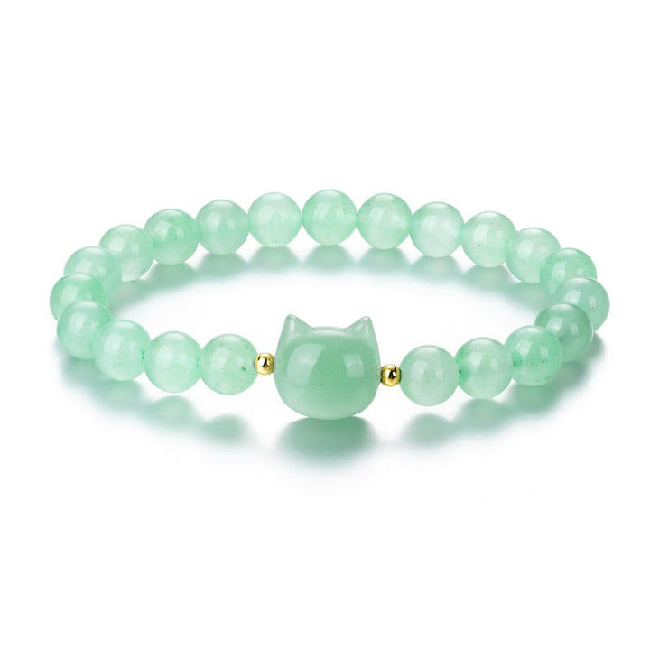 Braccialetto portafortuna con testa di gatto, ametista, avventurina verde, quarzo rosa, fluorite e Buddha Stones
