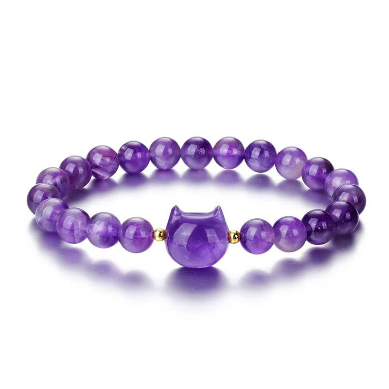 Braccialetto portafortuna con testa di gatto, ametista, avventurina verde, quarzo rosa, fluorite e Buddha Stones