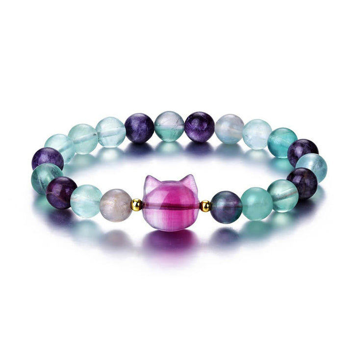 Braccialetto portafortuna con testa di gatto, ametista, avventurina verde, quarzo rosa, fluorite e Buddha Stones