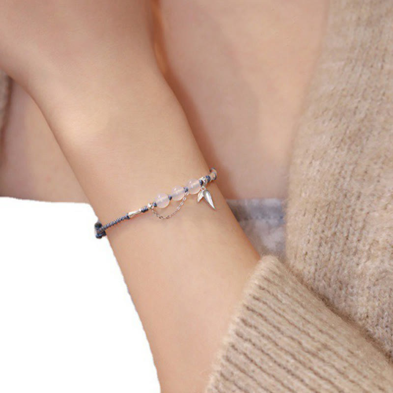 Bracciale intrecciato con perline di giada e calcedonio di Hetian, foglie di bambù, argento sterling 925, Buddha Stones