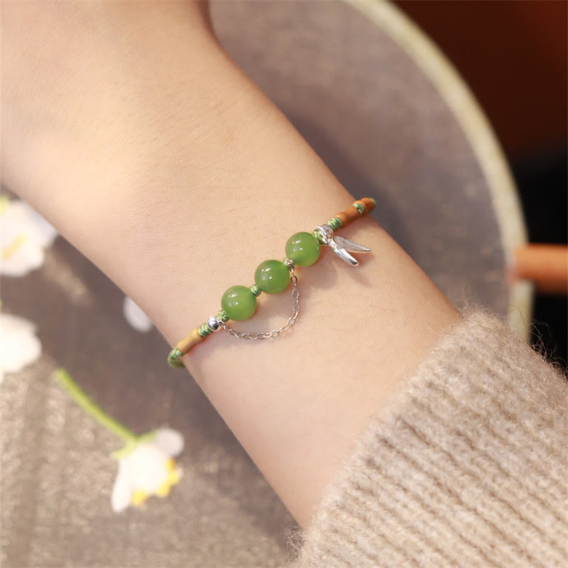 Bracciale intrecciato con perline di giada e calcedonio di Hetian, foglie di bambù, argento sterling 925, Buddha Stones