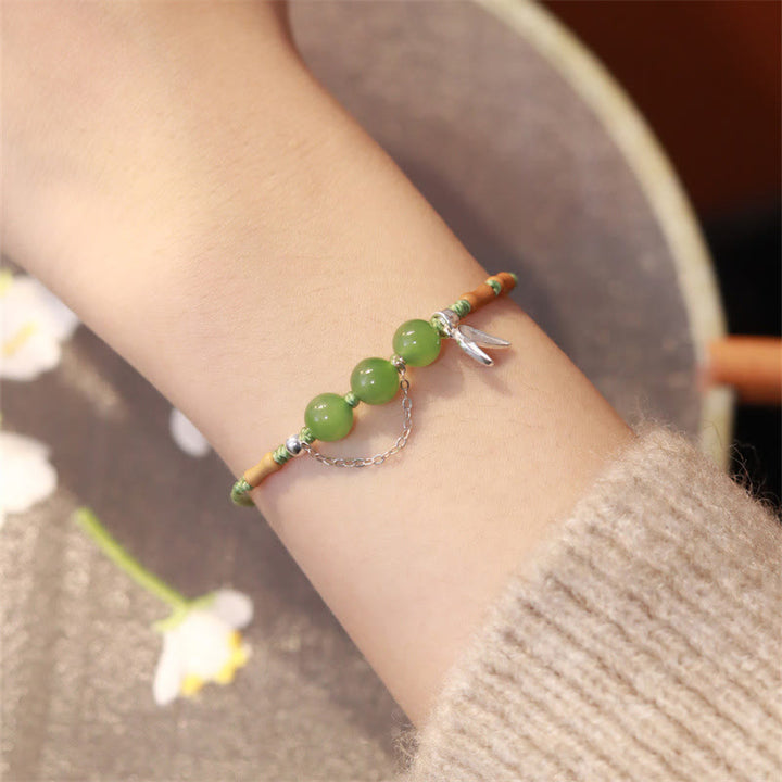 Bracciale intrecciato con perline di giada e calcedonio di Hetian, foglie di bambù, argento sterling 925, Buddha Stones